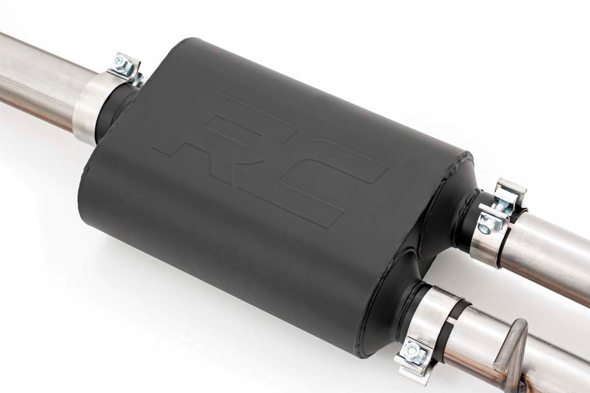 Chevrolet Silverado 1500 Performance Exhaust - Rear - Rough Country - Dual Cat-Back, Stainless, RC Logo Tips - Black - '19-'24